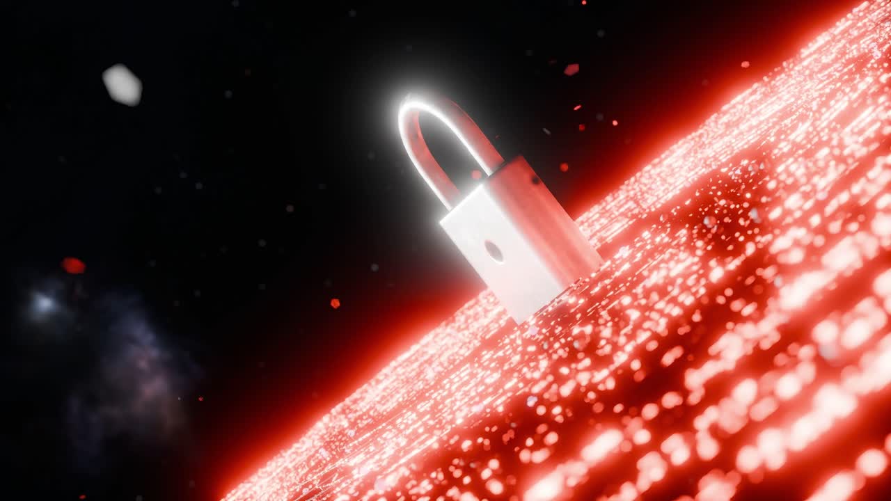 Metal padlock standing on glowing red digital surface in dark space. Cyber security and data protection concept. Design for poster, banner, wallpaper, header