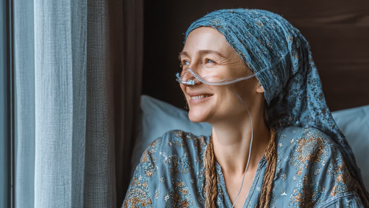 A Woman with a Headscarf Smiles Contentedly While Looking Out the Window, Evoking Feelings of Hope and Resilience in a Hospital Setting