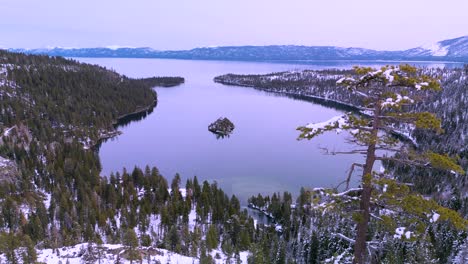 aerial view of emerald bay overlook, lake tahoe, california with tree in foreground winter