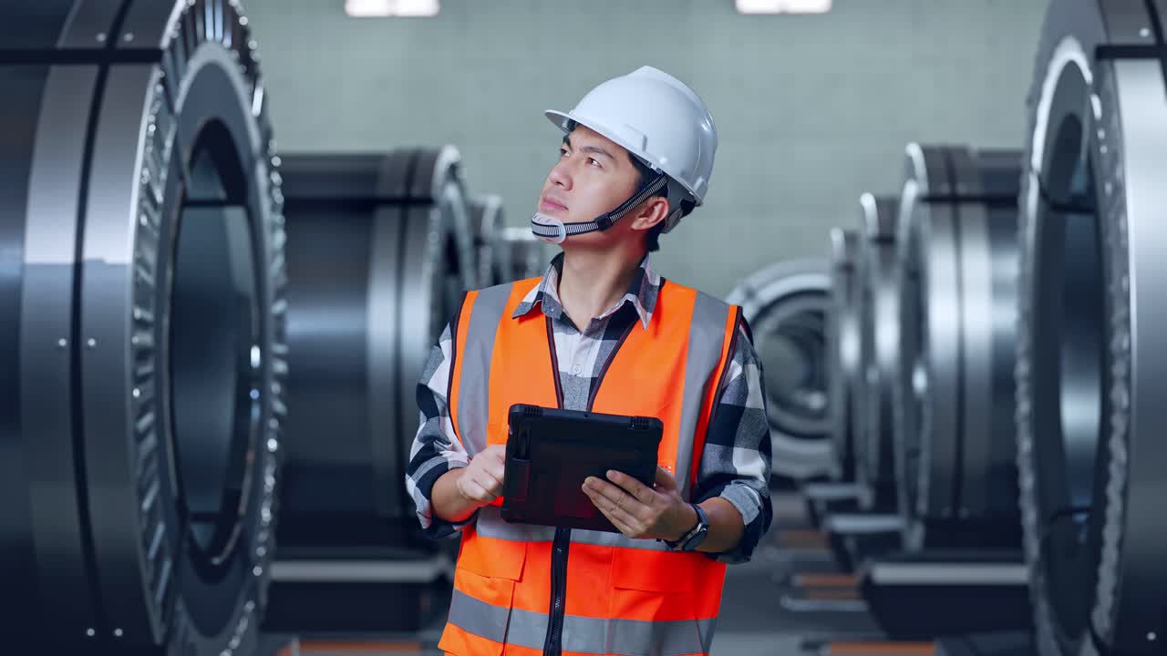 Asian Male Engineer With Safety Helmet Looking At The Tablet In His Hand And Looking Around While Standing In Metal Factory