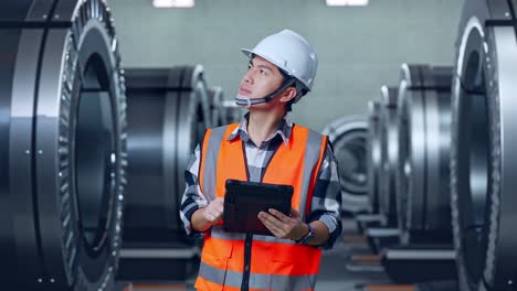 ingeniero masculino asiático con casco de seguridad mirando la tableta en su mano y mirando a su alrededor mientras estaba de pie en la fábrica de metal