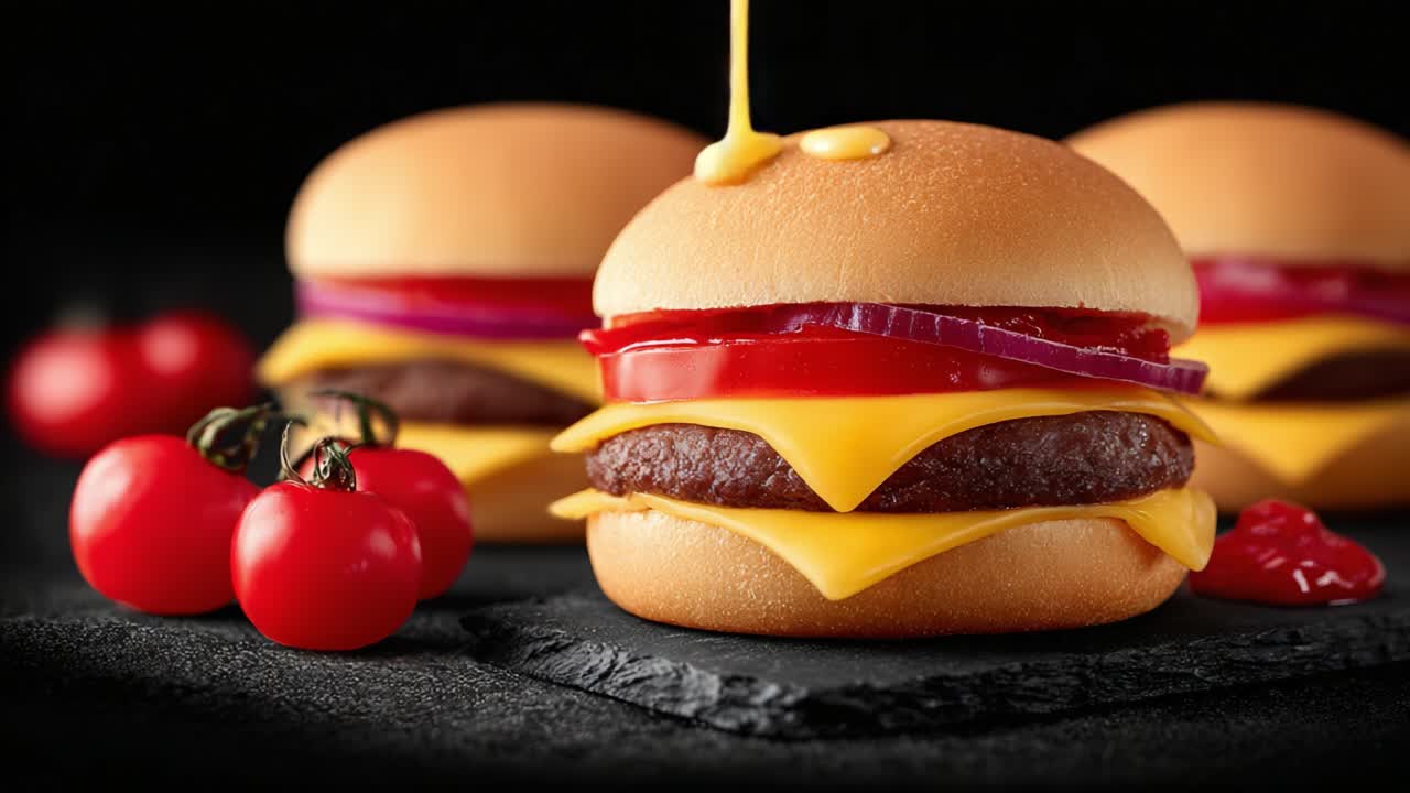 Delectable Cheesy Hamburgers with Fresh Tomatoes and Tasty Condiments, Perfectly Styled for a Mouthwatering Food Presentation Against a Dark Background