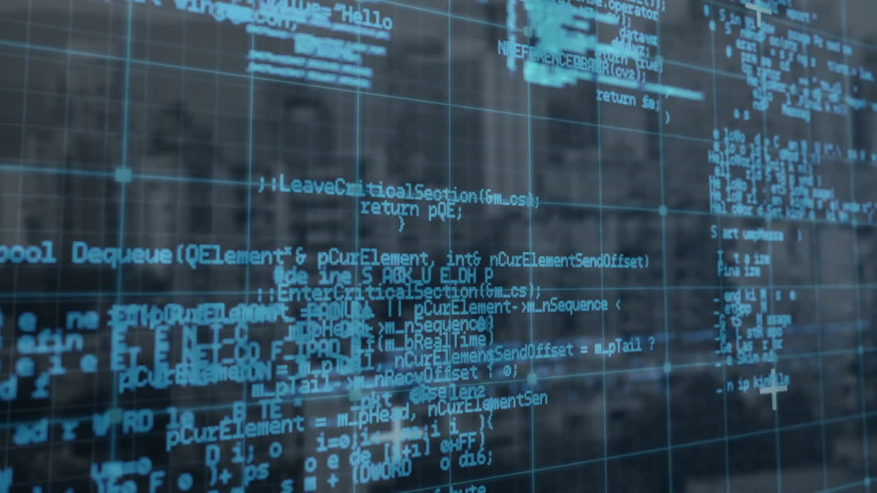 Animation of futuristic digital network with grid overlay on urban cityscape