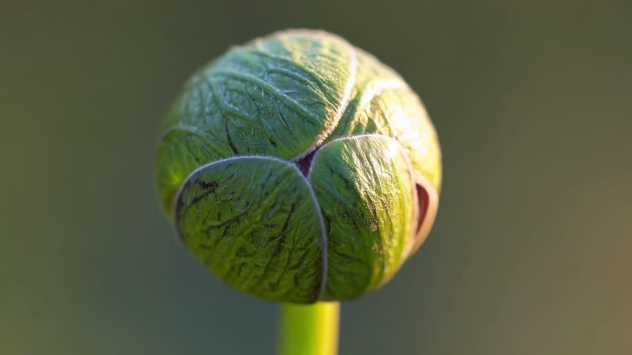 Close-up of a budding flower against a blurred background, shot at eye level