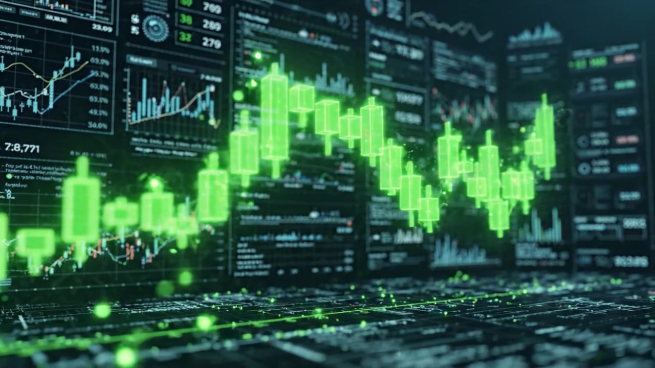 Visualização Dinâmica de Tendências do Mercado Financeiro Representada Através de Gráficos de Candlestick Verdes com Insights de Análise de Dados em uma Interface de Exibição Digital.