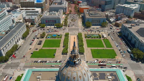 San-Francisco,-California-and-City-Hall---pullback-aerial-tilt-up-reveal