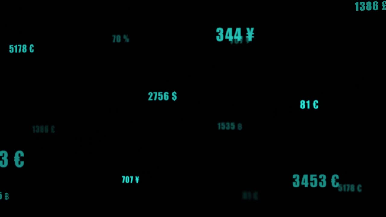Animation of numbers and currency icons on black background