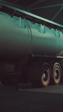 a tanker truck parked in a warehouse