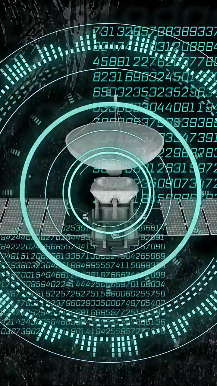 Vertical video: HUD pulsing, rings breathing and digits streaming over satellite for signal lock