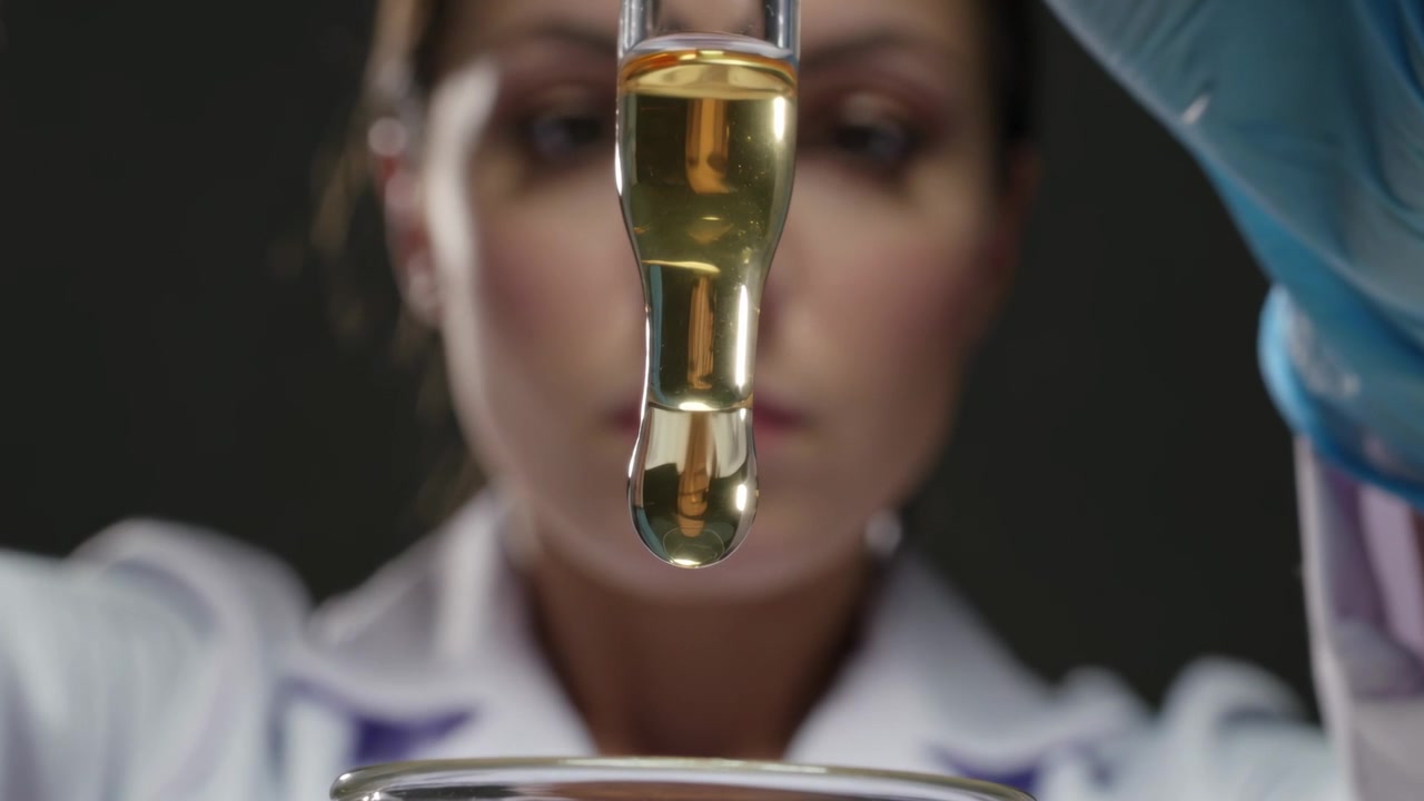 Holding pipette tech in coat gloves forming golden droplet over beaker as gravity pulls to transfer