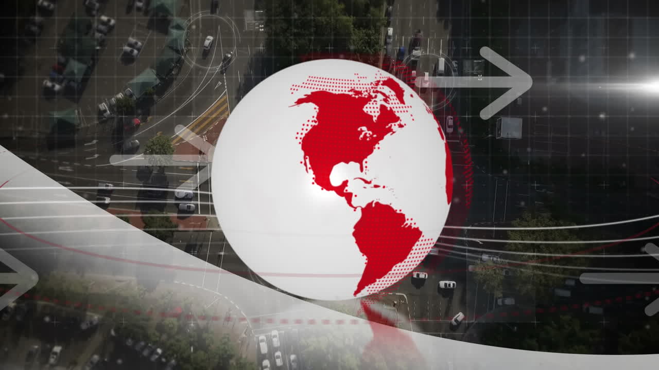 animación del globo, las flechas y el procesamiento de datos a través de un servidor informático.