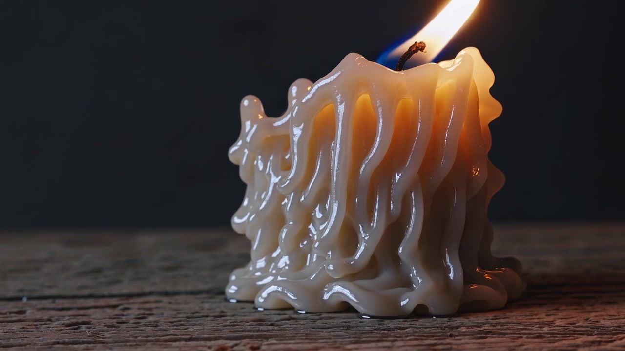 Fiamma tremolante di una candela che si scioglie su un tavolo di legno rustico