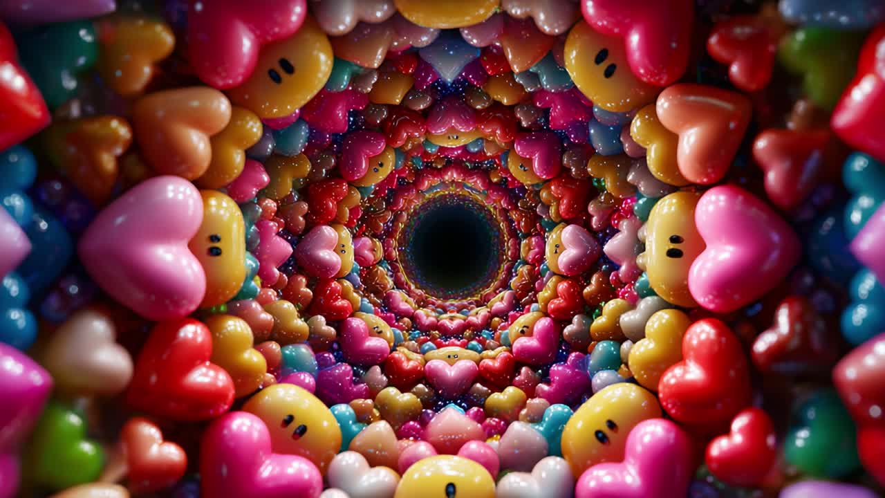 Vibrant Heart Tunnel: A Mesmerizing Journey Through Colorful Hearts and Playful Shapes Created by Overlapping Balloons in a Whimsical 3D Universe
