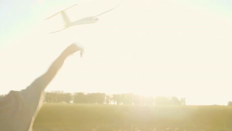child playing with a toy plane in a field