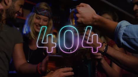 Animation-of-404-text-in-neon-letters-over-biracial-friends-making-toast-with-drinks