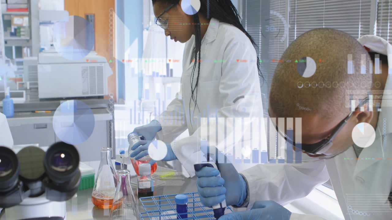 animación del procesamiento de datos financieros sobre diversos científicos que trabajan en el laboratorio