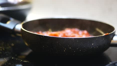 cooking with tomato sauce in a pan