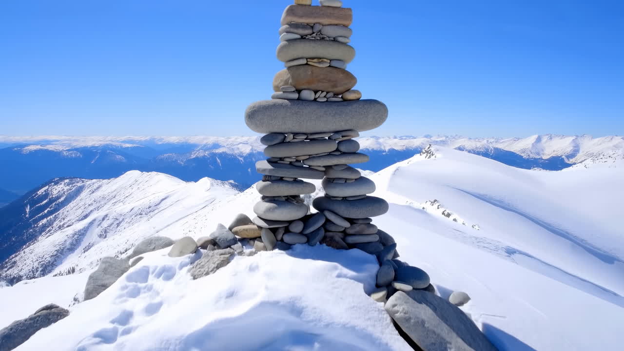 Tượng đá Inukshuk trên đỉnh núi phủ tuyết dưới bầu trời xanh quang đãng