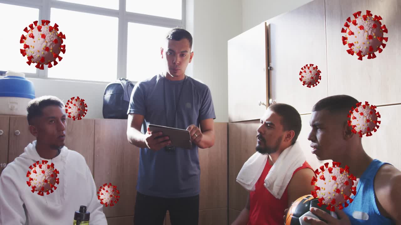 코로나19 세포의 애니메이션 남성 코치가 남자 축구 선수들과 옷차림실에서 토론하는 장면