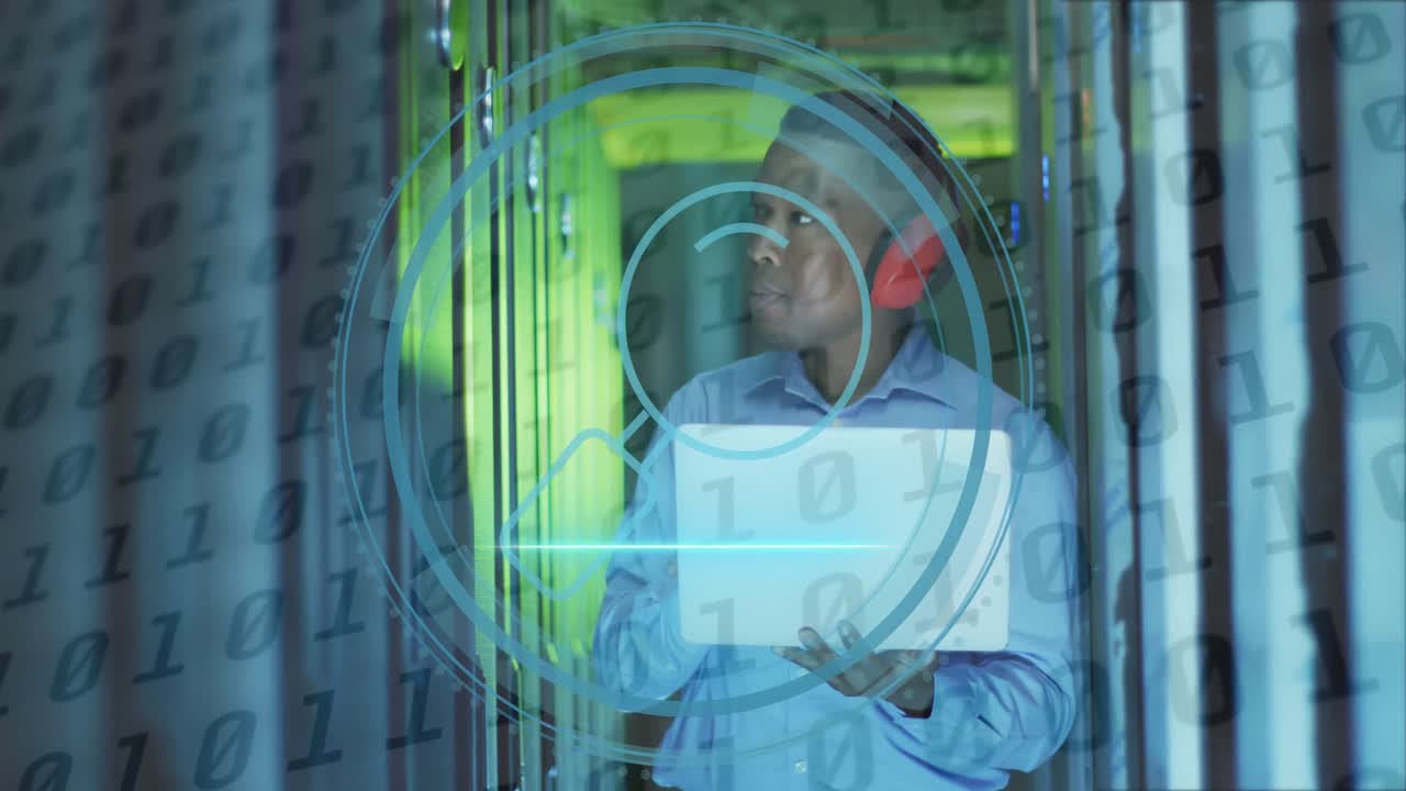Animation of data processing over african american male worker in server room