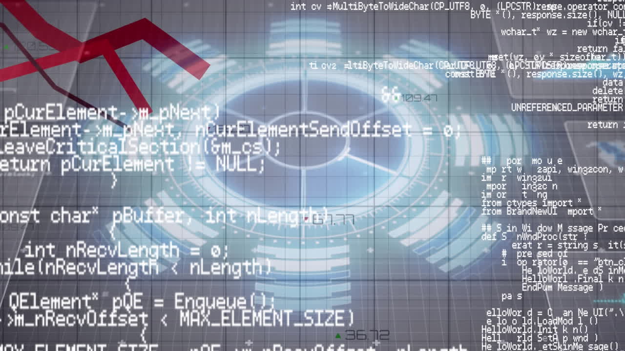 빨간 선의 애니메이션, 범위 스캐닝 및 회색 화면의 데이터 처리