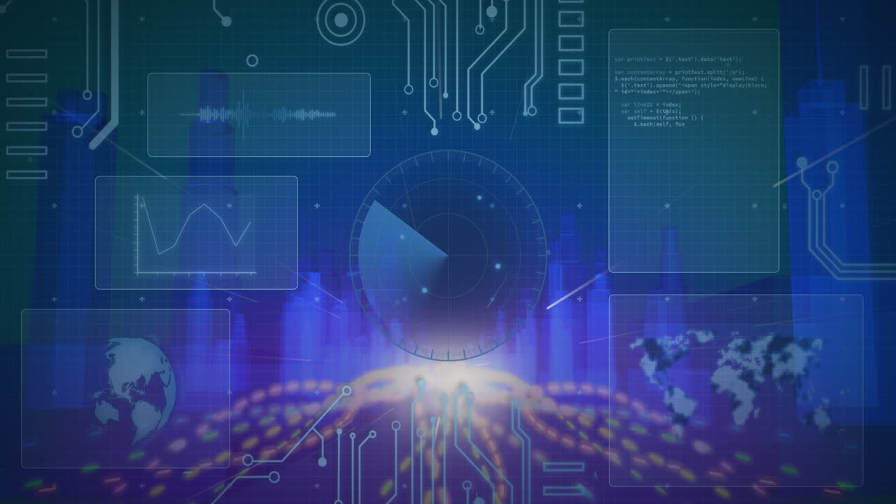 Digital interface with data processing against 3dcity model on blue background