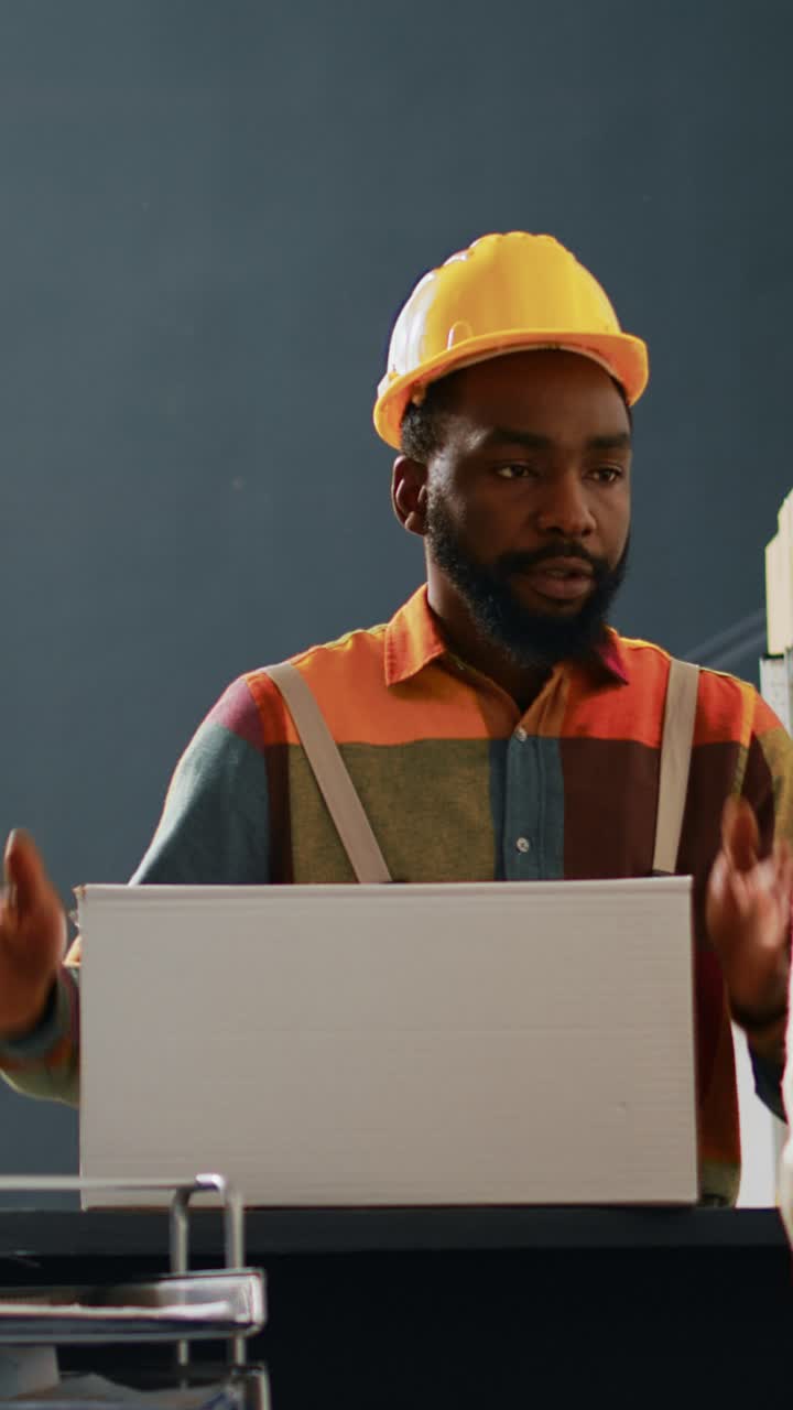 Vertical video: Team of workers talking about box of products in depot