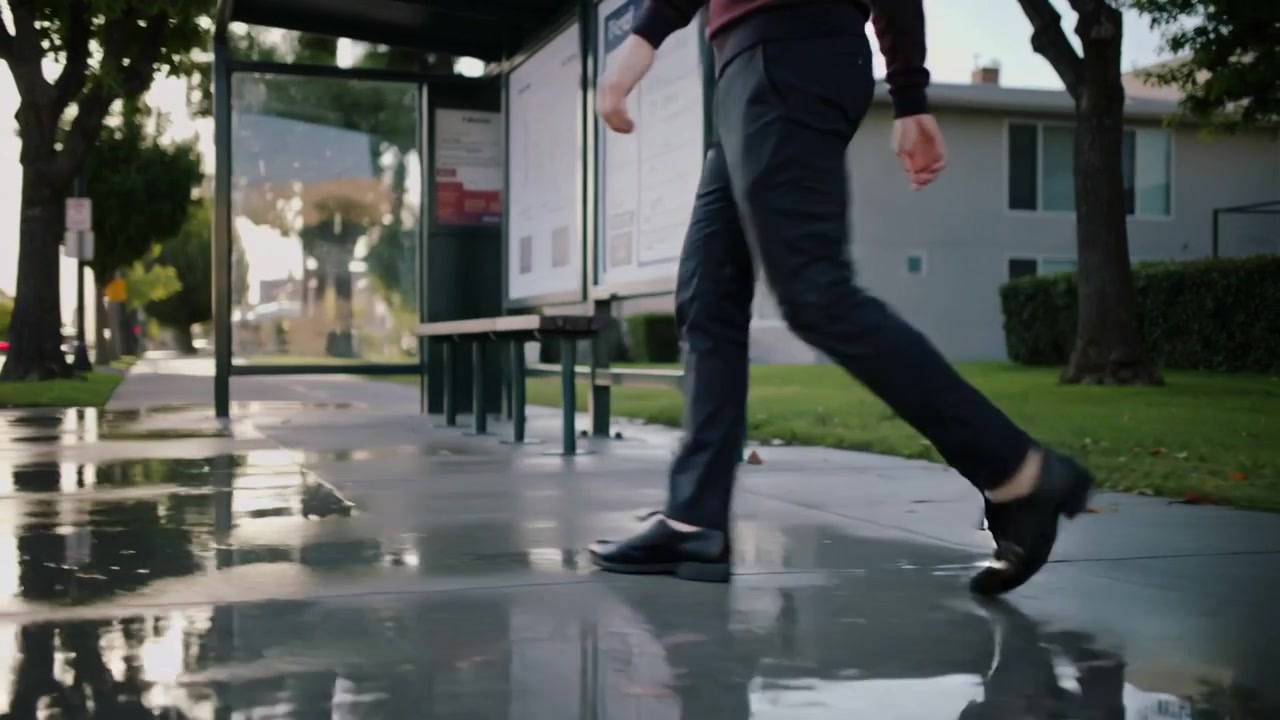Stepping onto sidewalk, man in dress pants walking past bus shelter puddle to work, copy space