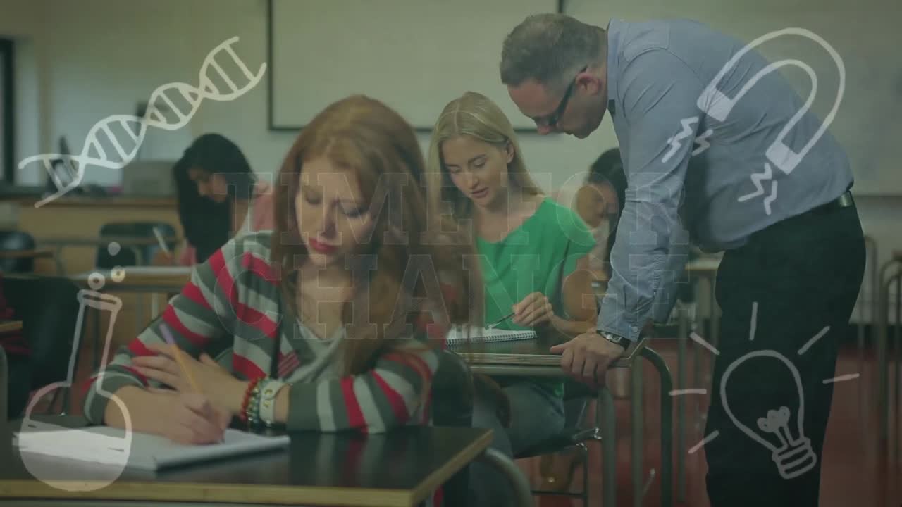 animación de iconos escolares sobre un maestro caucásico con estudiantes diversos durante el examen