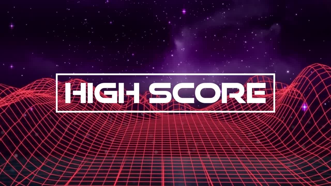 animación de texto de alta puntuación sobre montañas digitales sobre fondo negro