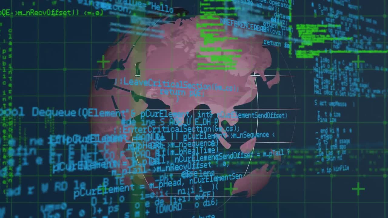 animación digital del procesamiento de datos a través de la red de rejilla contra un globo giratorio sobre fondo azul