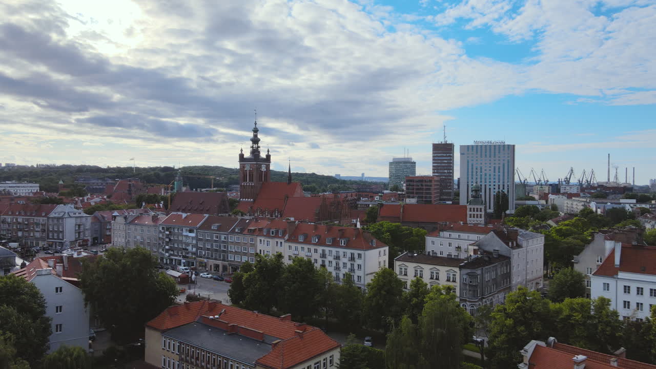 Aerial pan over the old town of Gdansk, view of Zieleniak and shipyard