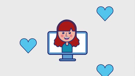 niño feliz y niña en la computadora caen corazones amor