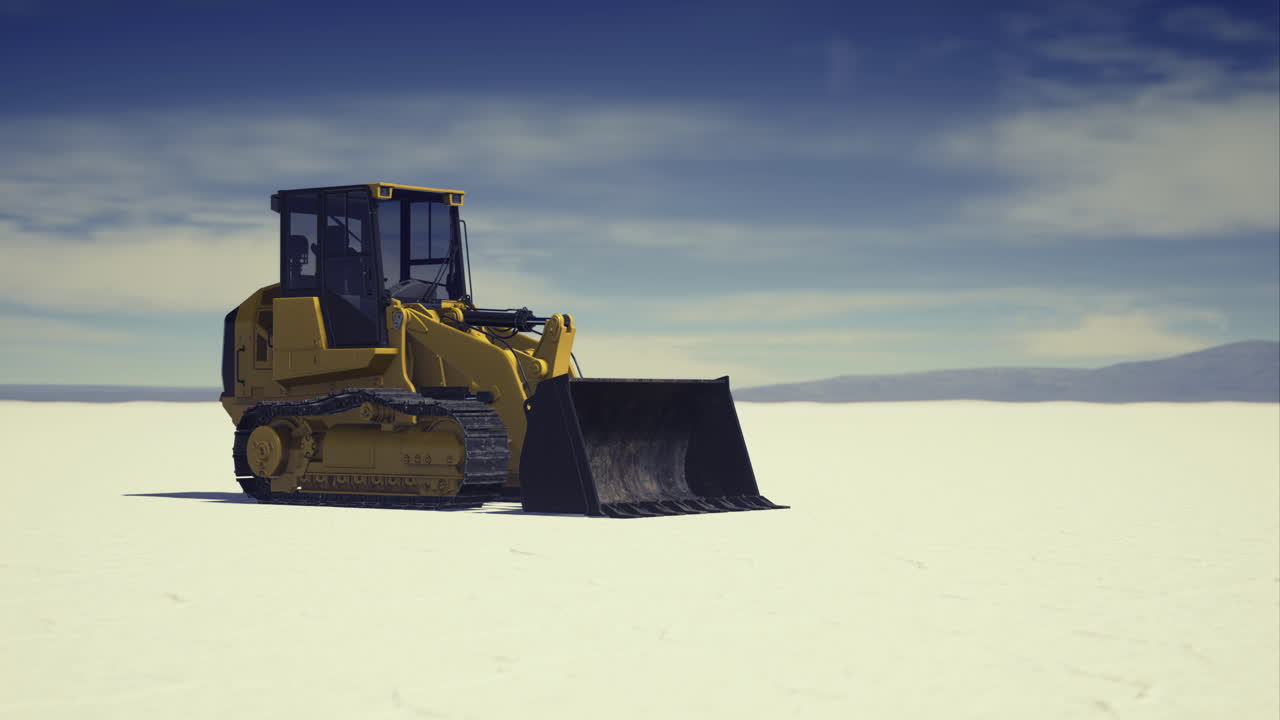 Heavy machinery stands alone on a vast snowy landscape under a clear sky