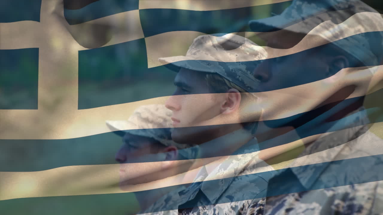 다양한 군인 들 위 에 그리스 의  ⁇ 발 이 그려져 있는 애니메이션