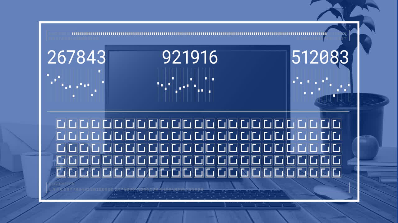 Digital data processing animation over laptop on wooden desk with plant