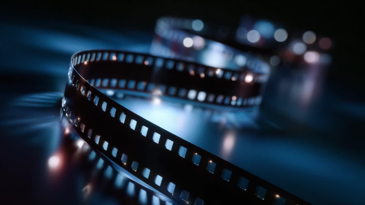 Jogo de luzes cativante em tira de filme: um vislumbre do mundo da arte cinematográfica e da magia da projeção de filmes