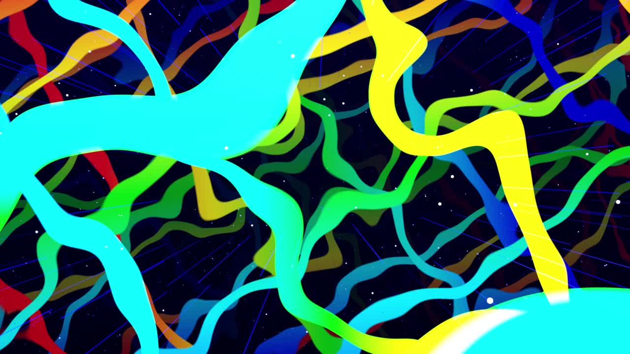 Motion graphic abstract colorful looped bg modern art, fly in art space, multilayer structure with pattern, glow particles and lines. Ornamental texture rainbow gradient color. Motion design vj loop.