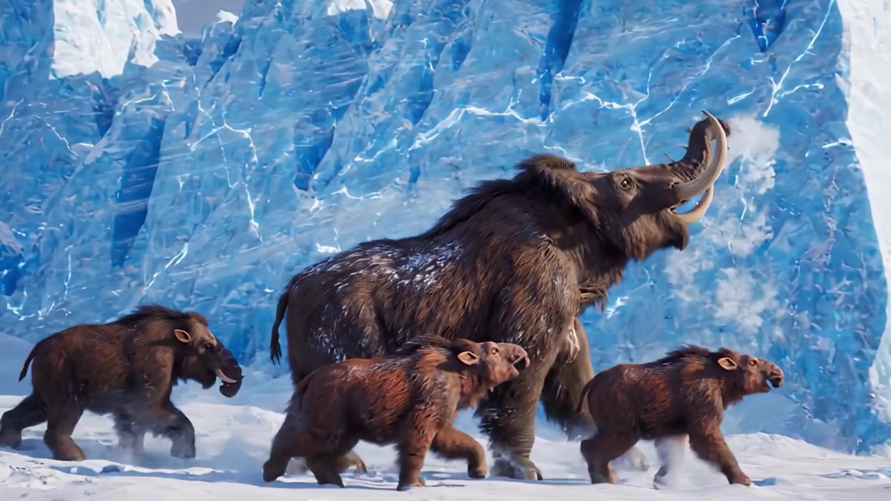 Ein majestätisches Mammut führt seine Jungen in einer atemberaubenden Eiszeitlandschaft, umgeben von aufragenden Gletschern und schneebedeckten Berggipfeln, in lebensechten Details festgehalten