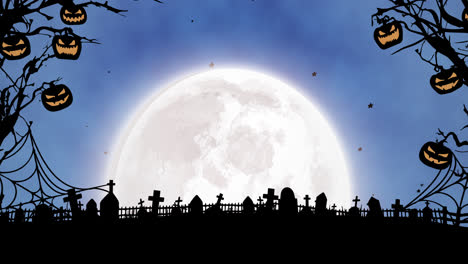 animación de linternas jack o colgando de las ramas, cementerio de halloween y luna sobre fondo azul