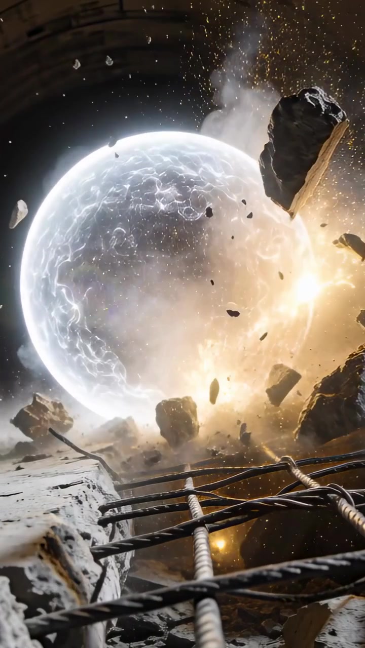 Video verticale: Sfera che appare e rilascia energia, scagliando cemento e tondini verso la telecamera in un pozzo