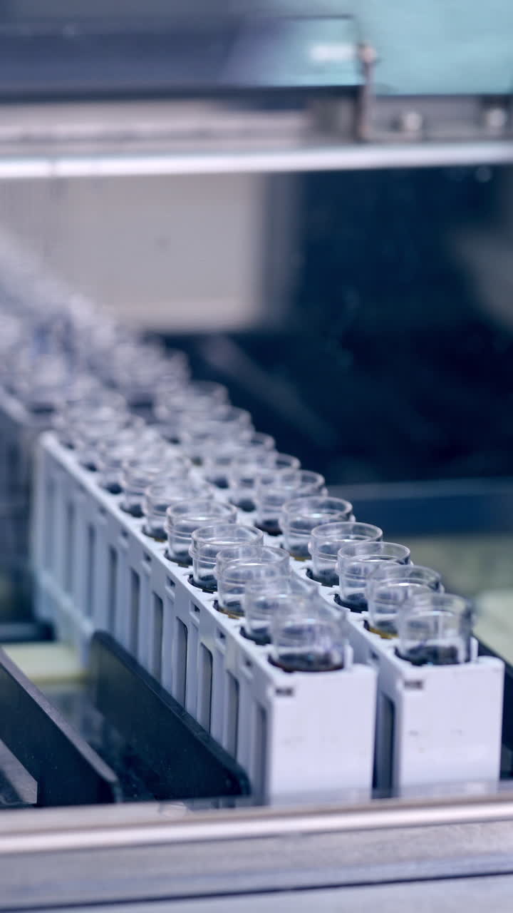 Contemporary equipment in the laboratory. Hands of laboratory worker putting vials into the modern machine in clinic. Modern device for testing blood samples. Vertical video