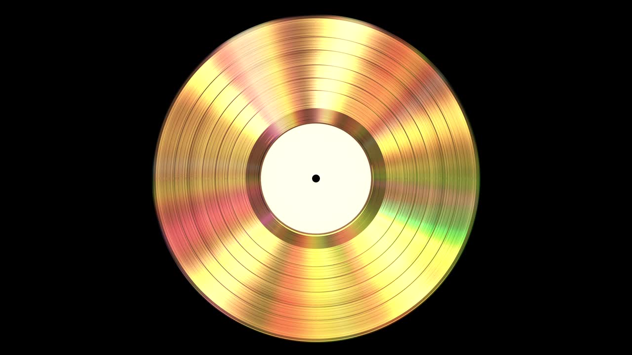 알파 채널을 가진 검은색 배경에 빛나는 금색 비닐 레코드. 이없는 루프.