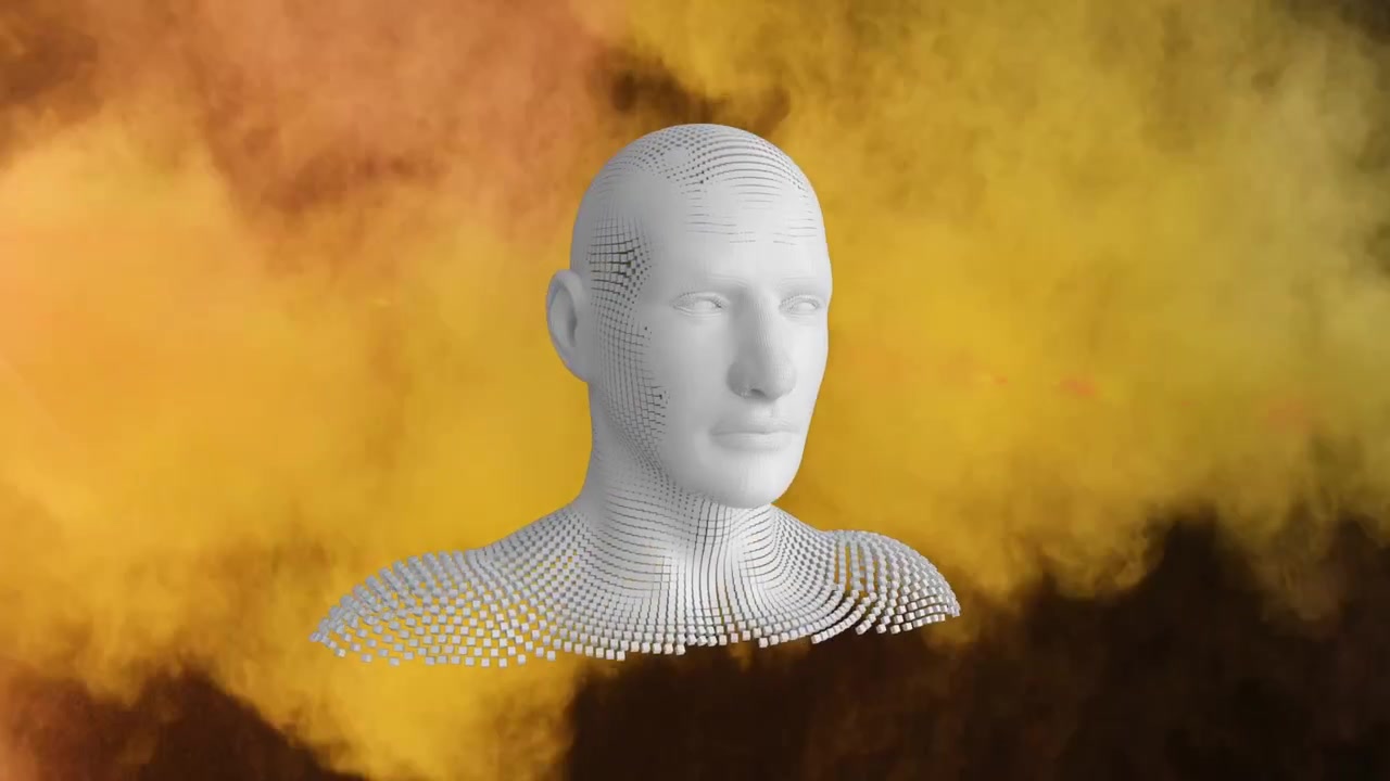 Animazione di modello umano digitale su fumo e scie luminose