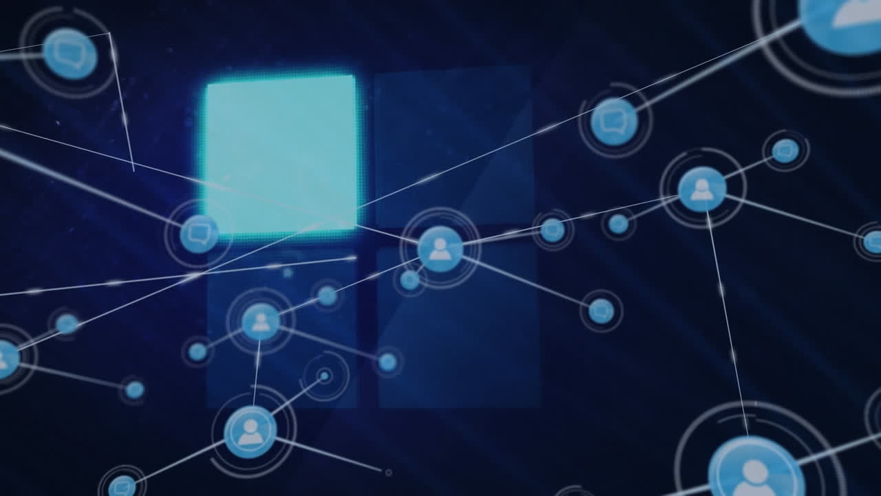 검은색 배경에 반이는 사각형 위의 연결 네트워크의 애니메이션