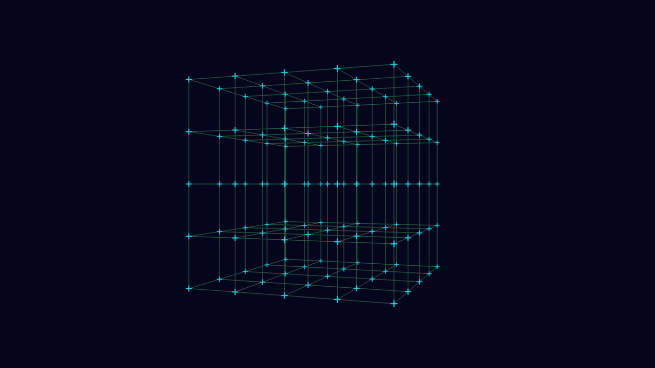 The image features a 3D cube composed of blue grid lines. The lines are intricately arranged, outlining the form and shape of the cube