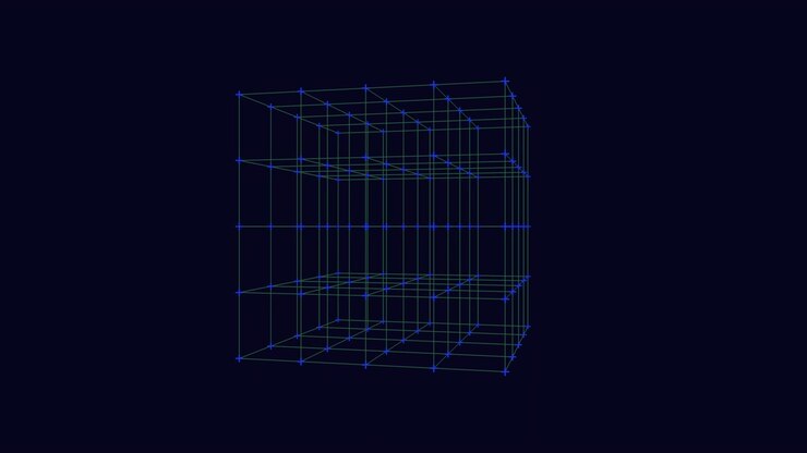 The image features a 3D cube composed of blue grid lines. The lines are intricately arranged, outlining the form and shape of the cube
