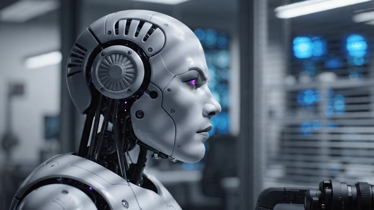 A Close-Up View of an Advanced Robotic Head with Illuminated Features, Showcasing Cutting-Edge Technology and Futuristic Design in a High-Tech Environment