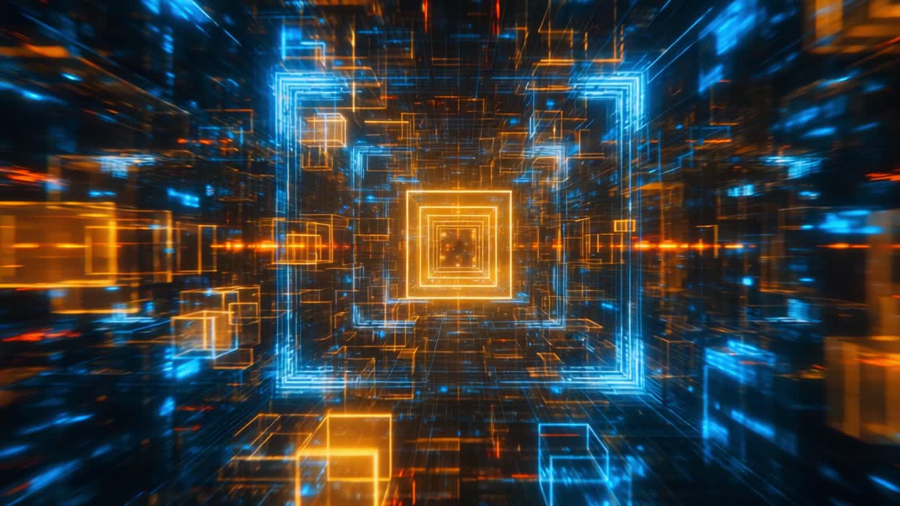 A Dynamic Visualization of a Futuristic Digital Environment with Glowing Cubes and Pulsating Colors Representing Advanced Technology and Data Processing in a Deep 3D Space