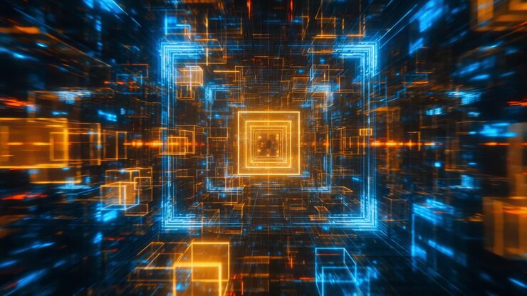 A Dynamic Visualization of a Futuristic Digital Environment with Glowing Cubes and Pulsating Colors Representing Advanced Technology and Data Processing in a Deep 3D Space